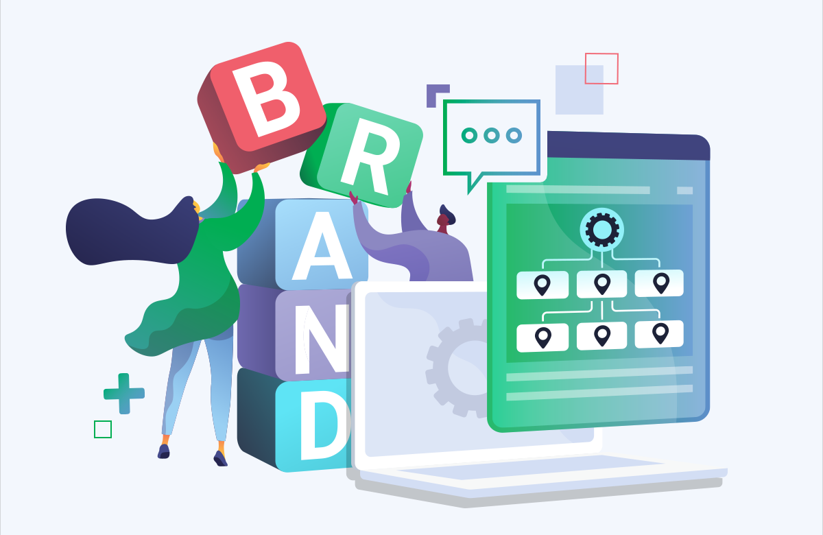 Conceptual illustration of people making the word Brand with blocks and a laptop and a screen with symbols on it in front