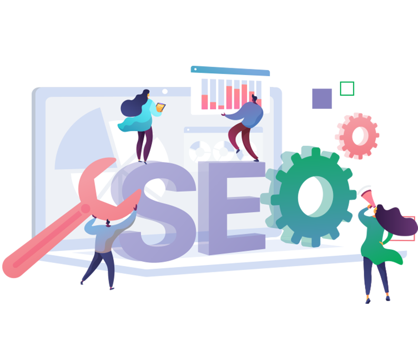 An illustration of people working to build a prominent SEO campaign with the letters SEO.