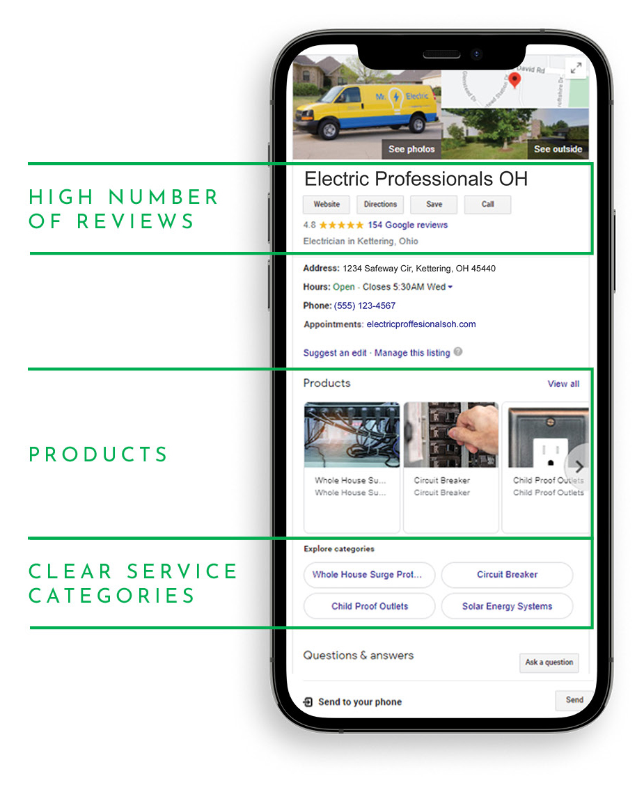 A smart phone showing the results of a local search for Electric Professionals OH with sections that indicate a high number of reviews, products, and services categories.
