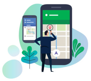Large stylized cell phone with navigation on and a cartoon man standing in front with a magnifying glass. 