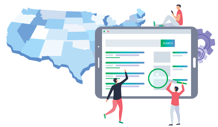 Stylized map of the United States with a tablet in the foreground and cartoon people using it to search.