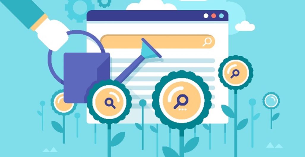 Illustration of a Hand Holding a Watering Can Over Search Icons as Flowers and an Internet Browser Behind on a Blue Background