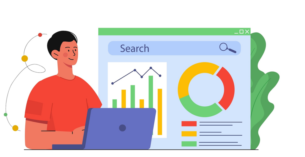 Illustration of a Man in a Red Shirt Sitting at a Laptop with a Life-Sized Screen Showing a Google Search Results Page Next to Him