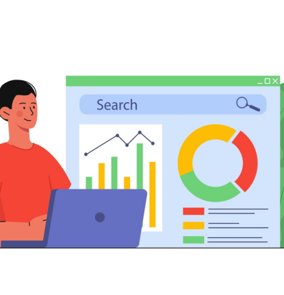 Illustration of a Man in a Red Shirt Sitting at a Laptop with a Life-Sized Screen Showing a Google Search Results Page Next to Him