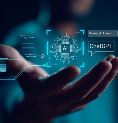 An extended hand with the letters Ai floating above that resembles a microchip with ChatGPT in a thought bubble to the right.