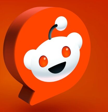 3D Rendering of a Cartoon Reddit Robot Inside a Speech Bubble on an Orange-Red Background