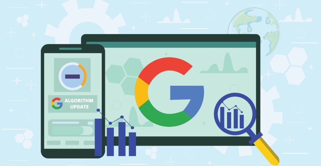An illustration of a mobile phone and a tablet opened to Google to depict the core algorithm update.