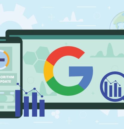 An illustration of a mobile phone and a tablet opened to Google to depict the core algorithm update.