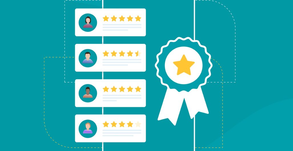 A badge with a star in the middle next to 4 reviews from customers.