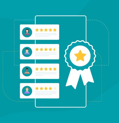 A badge with a star in the middle next to 4 reviews from customers.