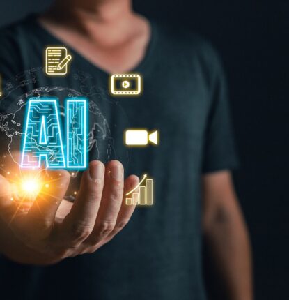 A person wearing a v-neck shirt, extending their hand with “AI” floating, surrounded by different digital marketing icons.